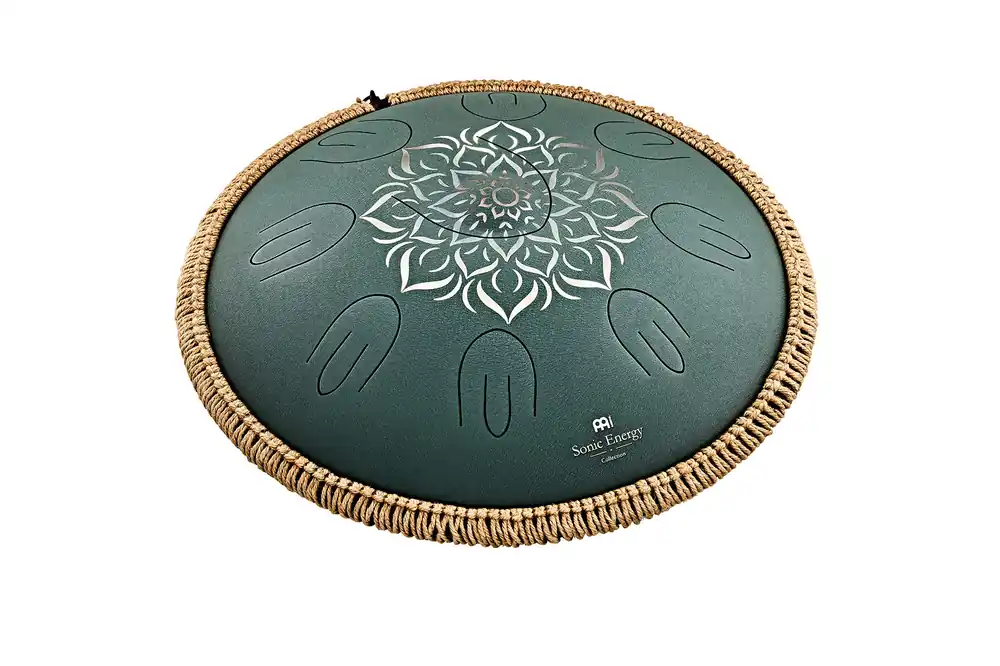 16" Octave Steel Tongue Drum, F Dur, 9 Töne, 432 Hz, Dunkelgrün, Graviertes florales Design Sonic Energy Sofort Bestellen