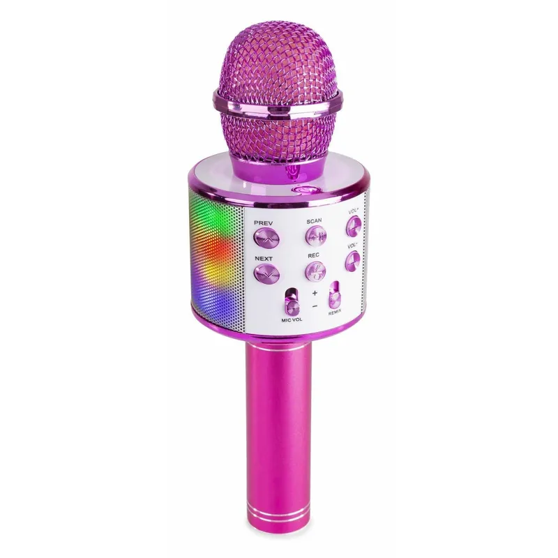 MAX KM15P Karaoke-Mikrofon mit eingebauten LEDs, Lautsprecher, Bluetooth und MP3 – rosa Preisreduziert