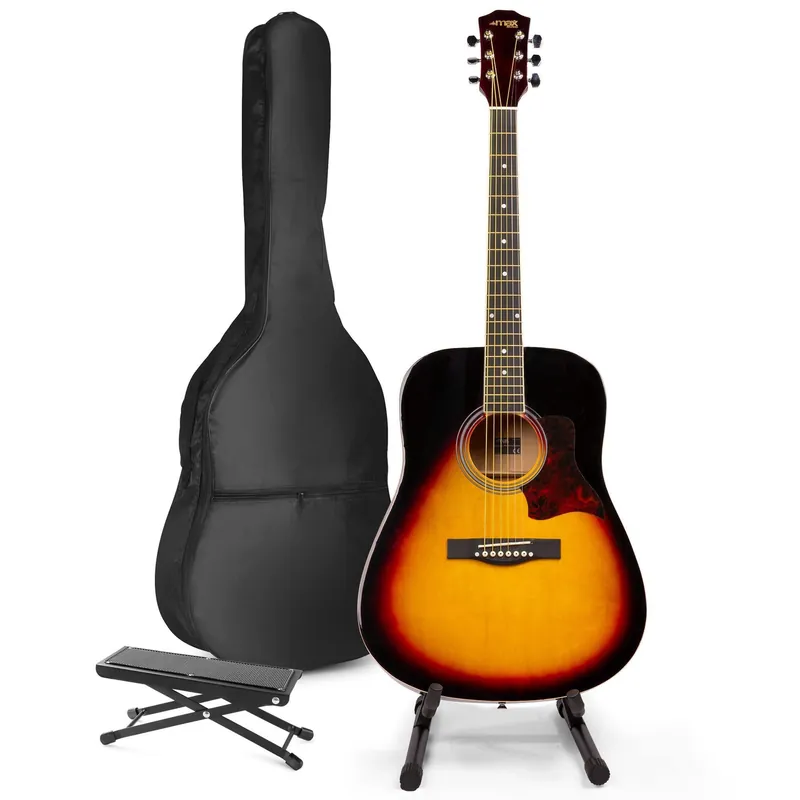MAX SoloJam Western Akustikgitarre 4/4 – Inkl. Ständer & Fußstütze – Sunburst Knallerangebot