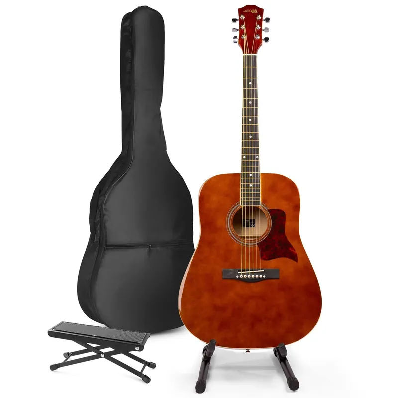 MAX SoloJam Western Akustikgitarre mit Gitarrenständer und Fußstütze - Braun (Holz) Meistverkauft